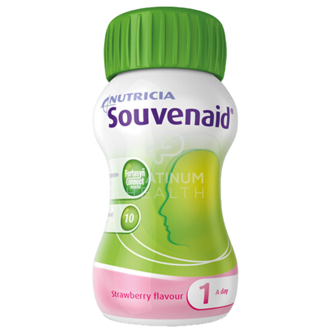 Nutricia Souvenaid 125ml strawberry-flavored nutritional drink, formulated with Fortasyn Connect nutrients to support brain health. The bottle features a green cap and a sleek design, highlighting its daily use for cognitive support.