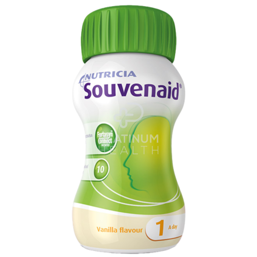 Nutricia Souvenaid 125ml vanilla-flavored nutritional drink, formulated with Fortasyn Connect nutrients to support brain health. The bottle features a green cap and a sleek design, highlighting its daily use for cognitive support.