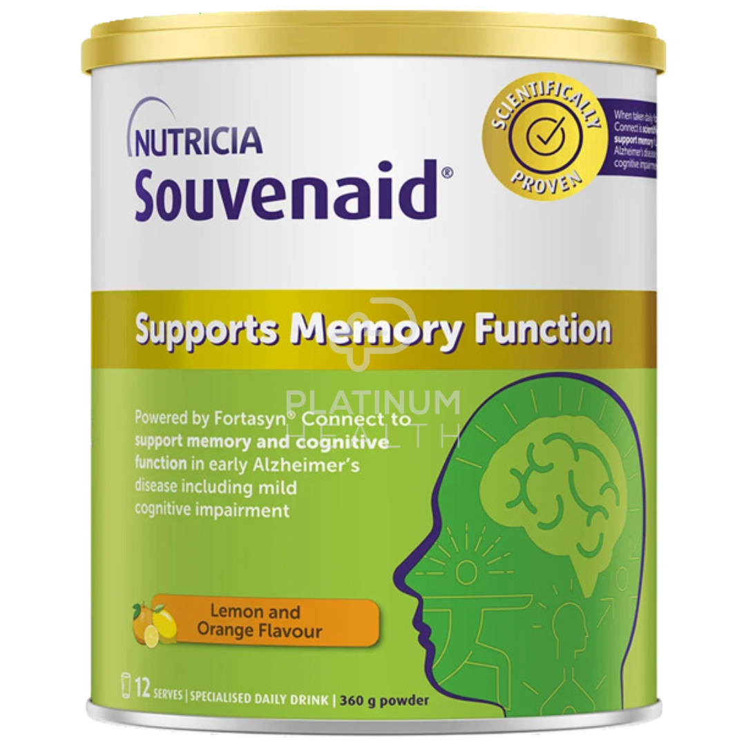 Nutricia Souvenaid 360g powdered nutritional drink in lemon and orange flavor, formulated with Fortasyn Connect to support memory function and cognitive health in early Alzheimer's and mild cognitive impairment. The can features a gold lid, green and white packaging, and scientifically proven claims for brain support.