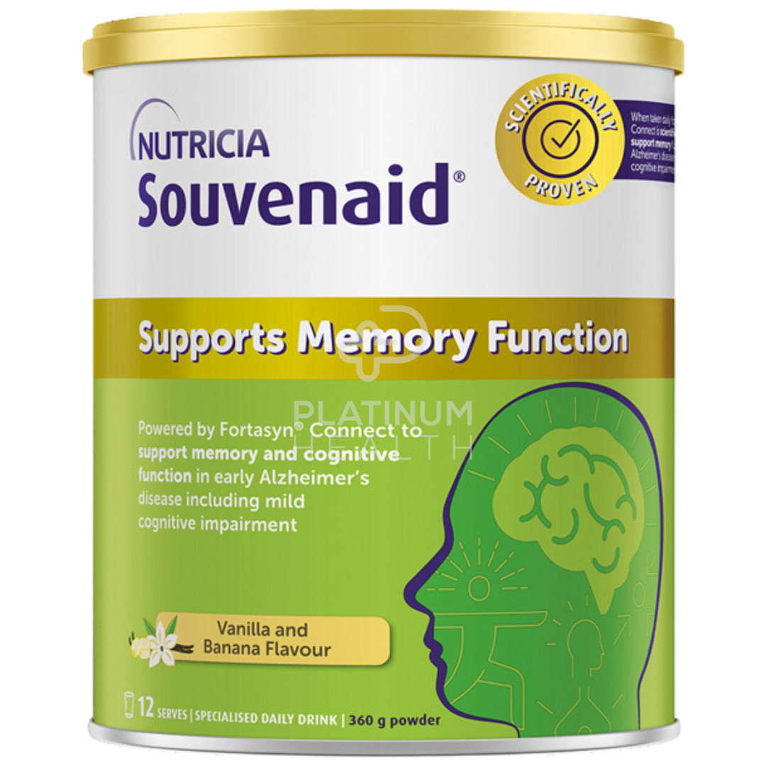 Nutricia Souvenaid 360g powdered nutritional drink in vanilla and banana flavor, formulated with Fortasyn Connect to support memory function and cognitive health in early Alzheimer's and mild cognitive impairment. The can features a gold lid, green and white packaging, and scientifically proven claims for brain support.