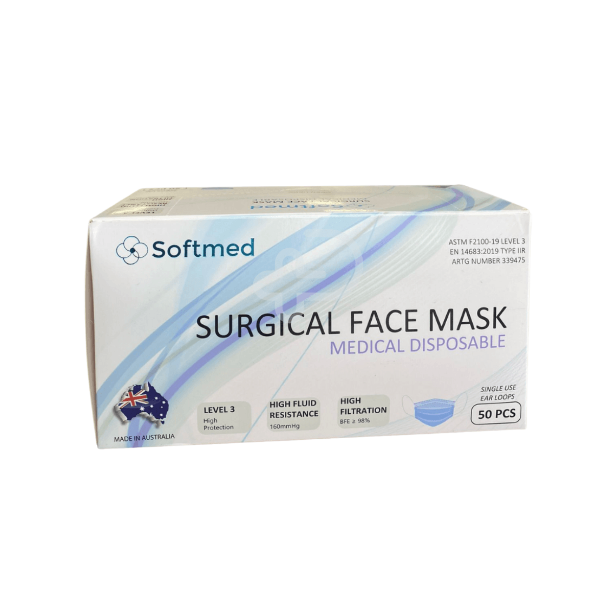 Softmed Australian Made Blue Level 3 Surgical Mask Hypoallergenic Earloop Facemasks & Respirators